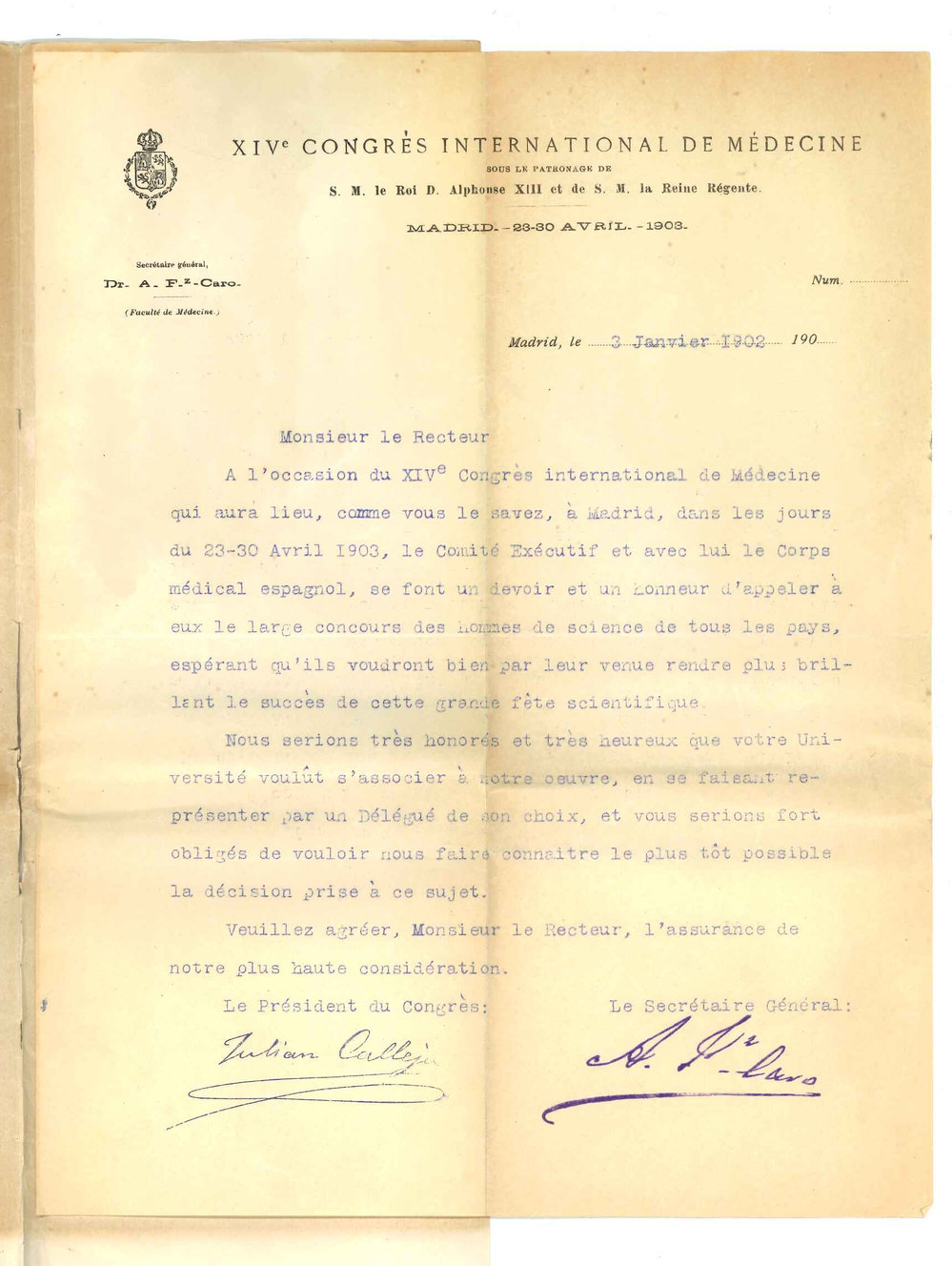 Dr A F Caro - Madrid - Invitation to send delegate to Congress International de Medicine