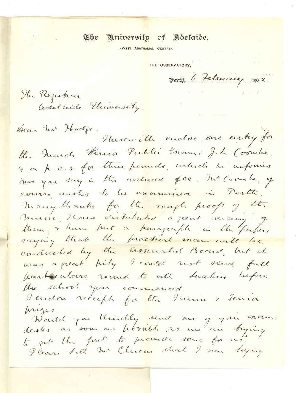 Kenneth Cooke - Perth - Forwarding Entry J L Coombe Thanks for proofs of Exams Requesting desk re Geological Specimens