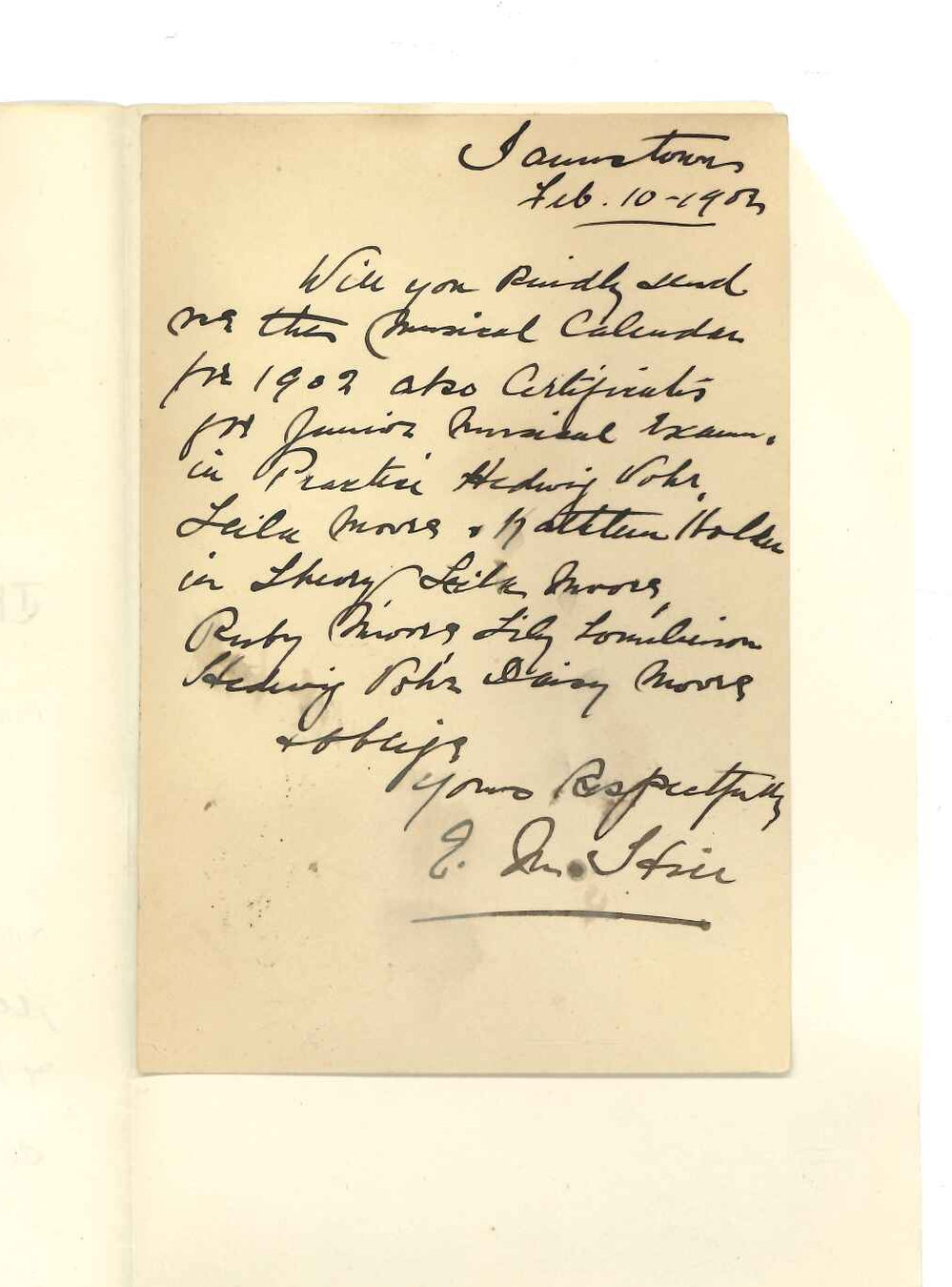 Miss E M Hill - Jamestown - Request Music Pamphlet and Junior Theory and Practice of Music Certificates