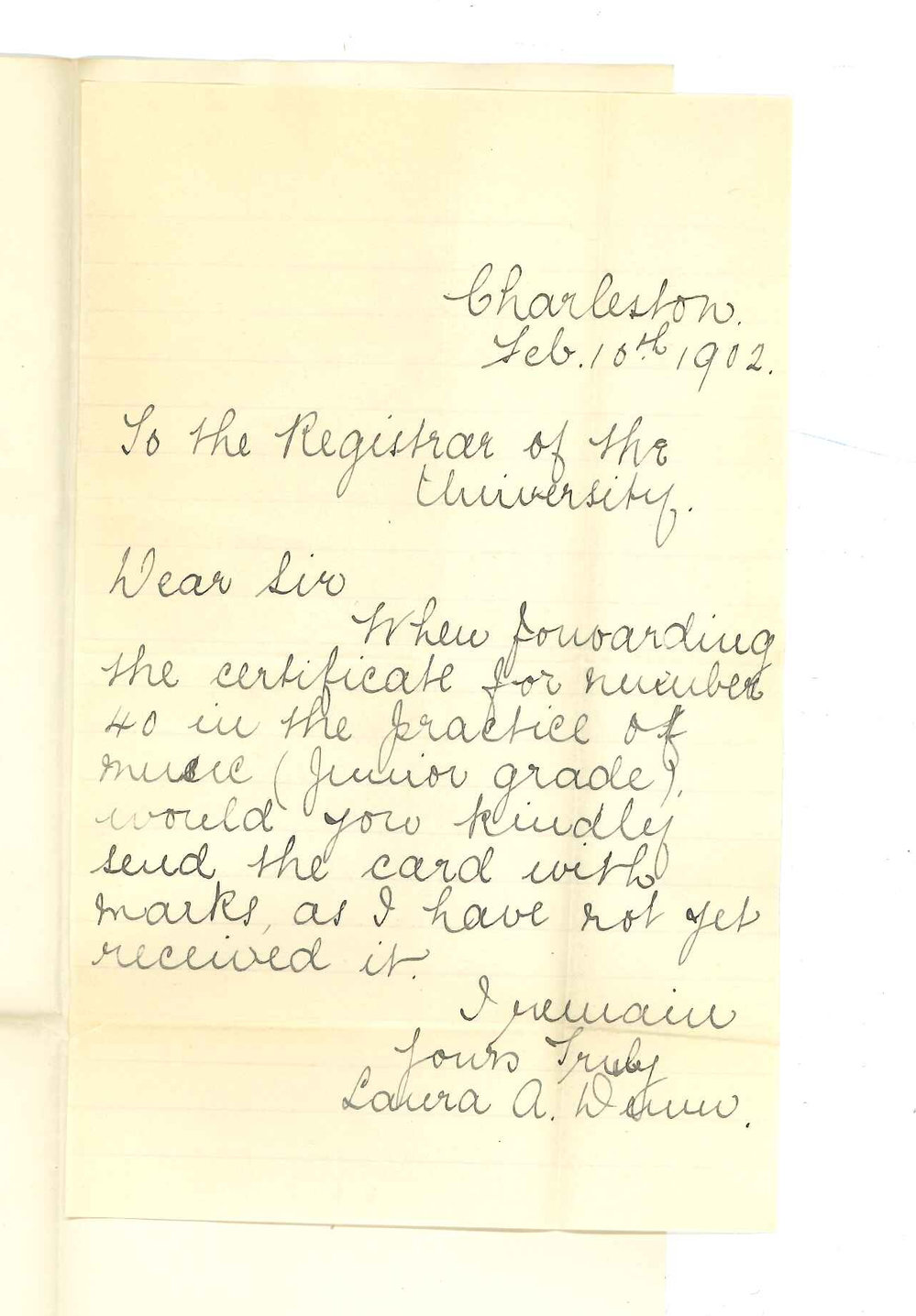 Miss Laura S Dunn - Charleston - Requesting Card of Marks to be forwarded with Certificate