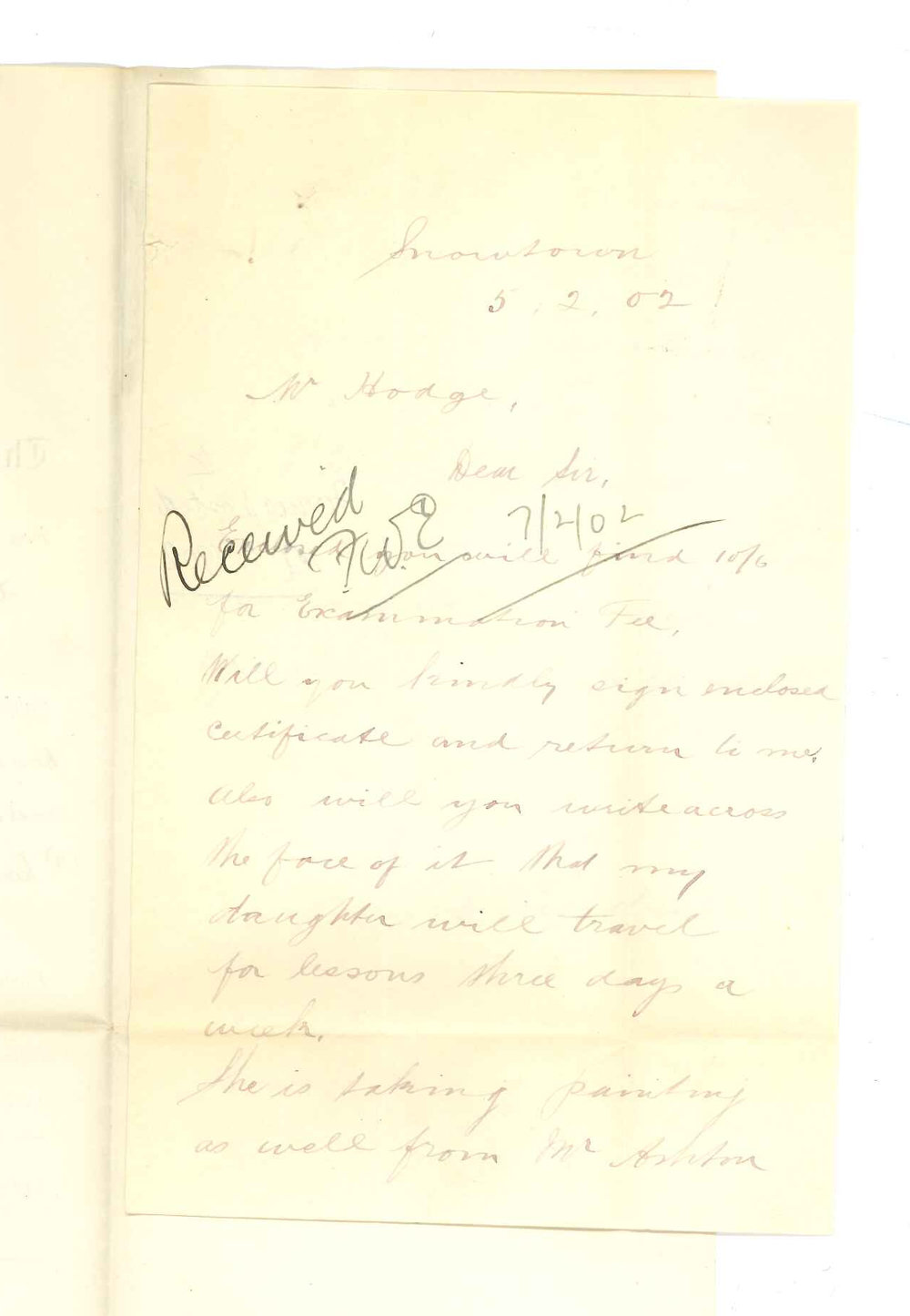 Mrs E Broadbent - Snowtown - Entrance Fee for Conservatorium Railway Certificate to be signed Particulars Elder Scholarship