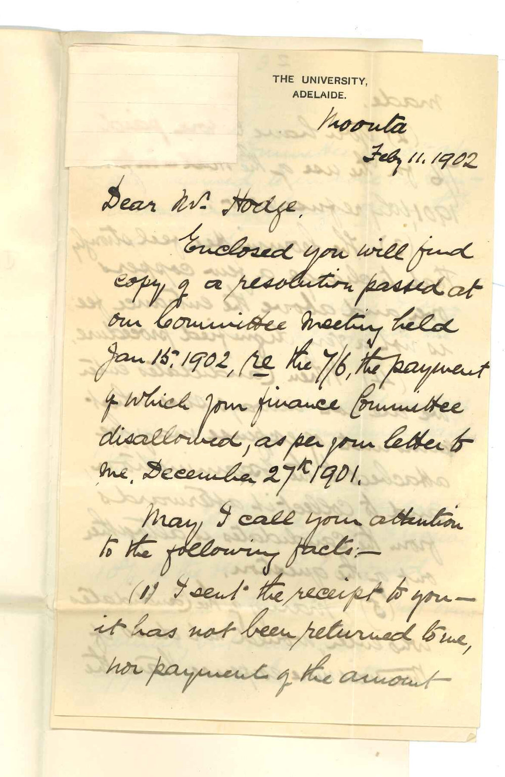 Reverend William Cooke - Moonta - Account for use of Exam Hall at Moonta