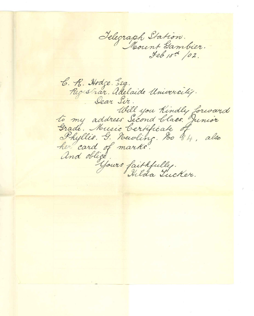 Miss Hilda Tucker - Mount Gambier - Requesting Music Certificate and Card of Marks
