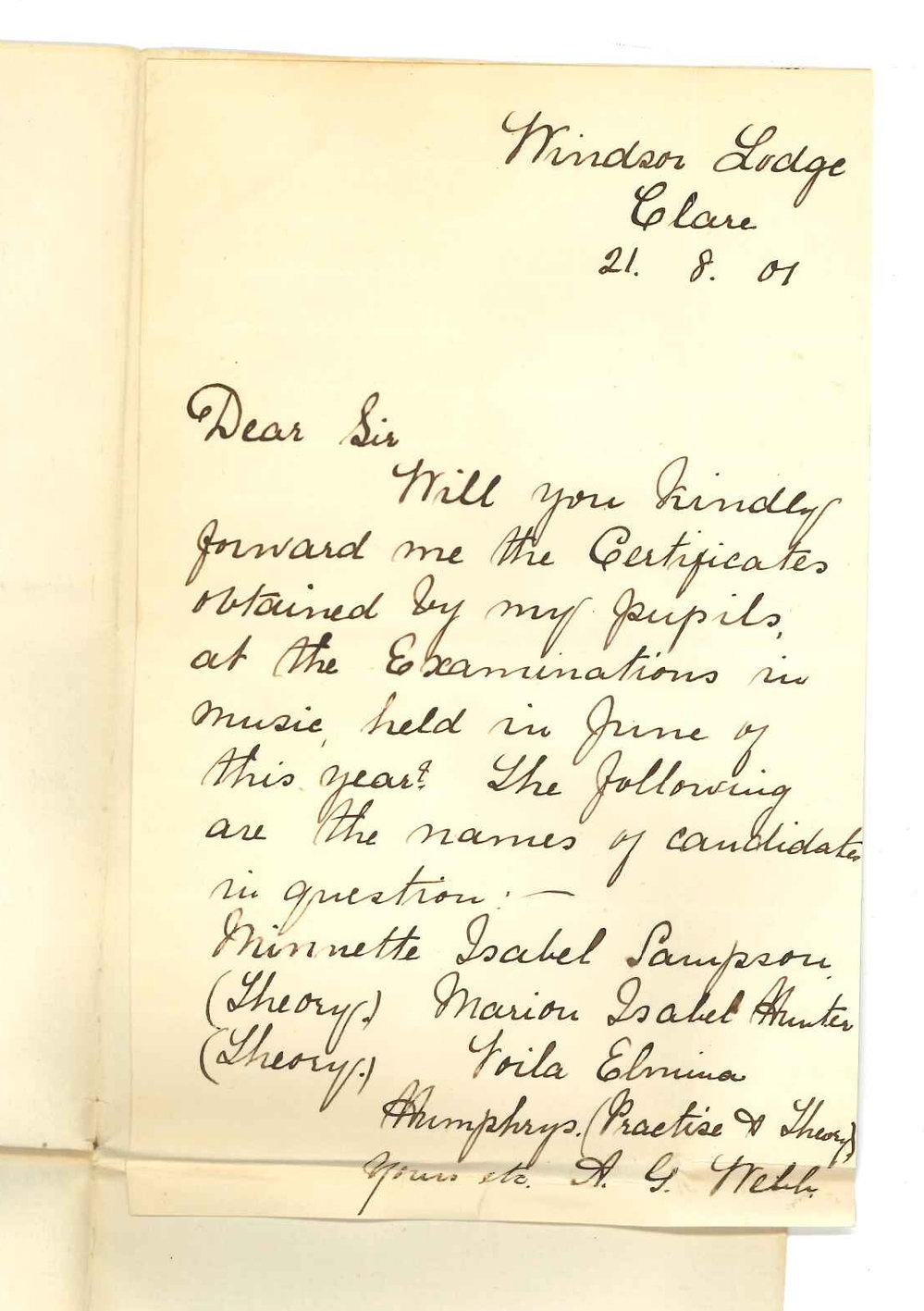 Miss A G Webb - Windsor Lodge Clare - Requesting certificates for Primary Music Examination