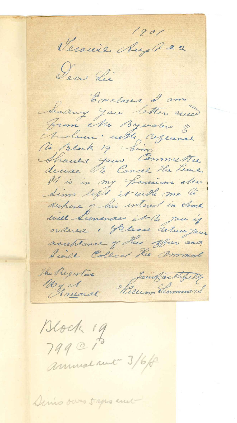 William Summers - Terowie - Concerning lease of block 14 at Parnaroo - Letter from Mr Bywaters
