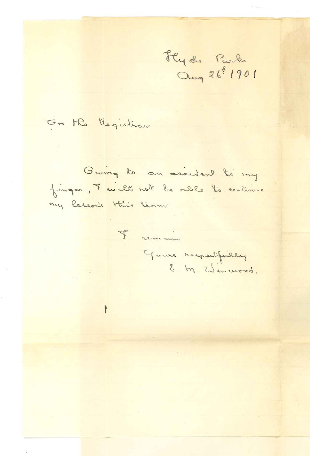 Miss E May Winwood - Hyde Park - Discontinuing lesson at Conservatorium