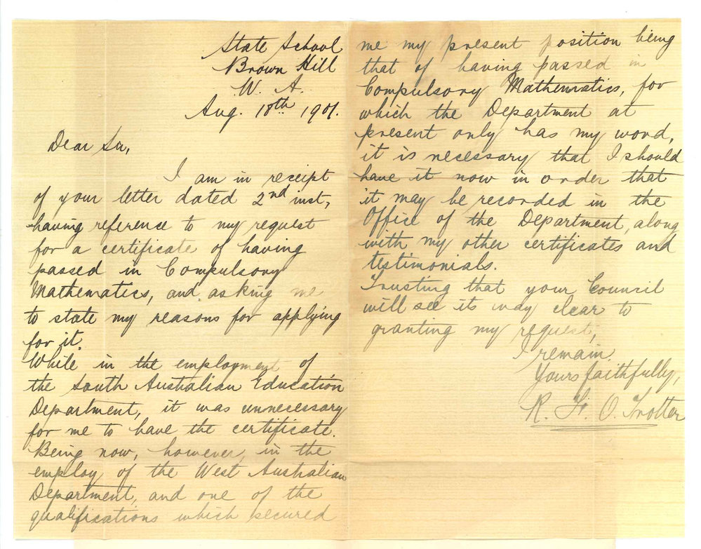 R F O Trotter - Brown Hill WA - Reasons for applying for Certificate [Compulsory Mathematics]