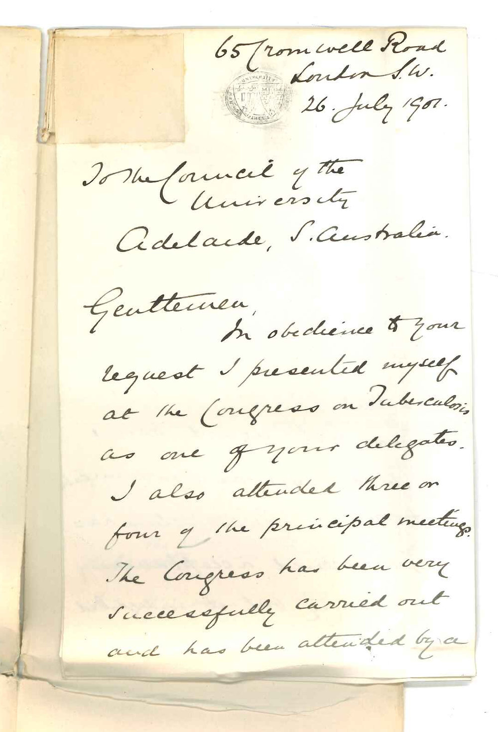 Professor Edward Charles Stirling - London - Concerning visit to Congress on Tuberculosis
