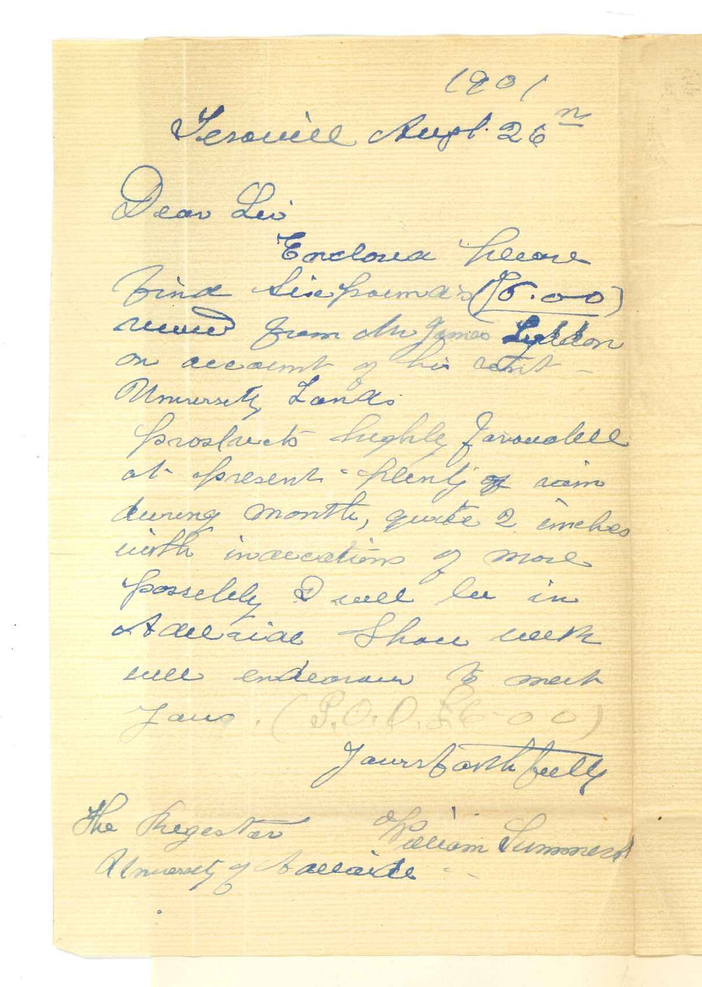 William Summers - Terowie - Forwarding amount on account on Mr J Lyddon