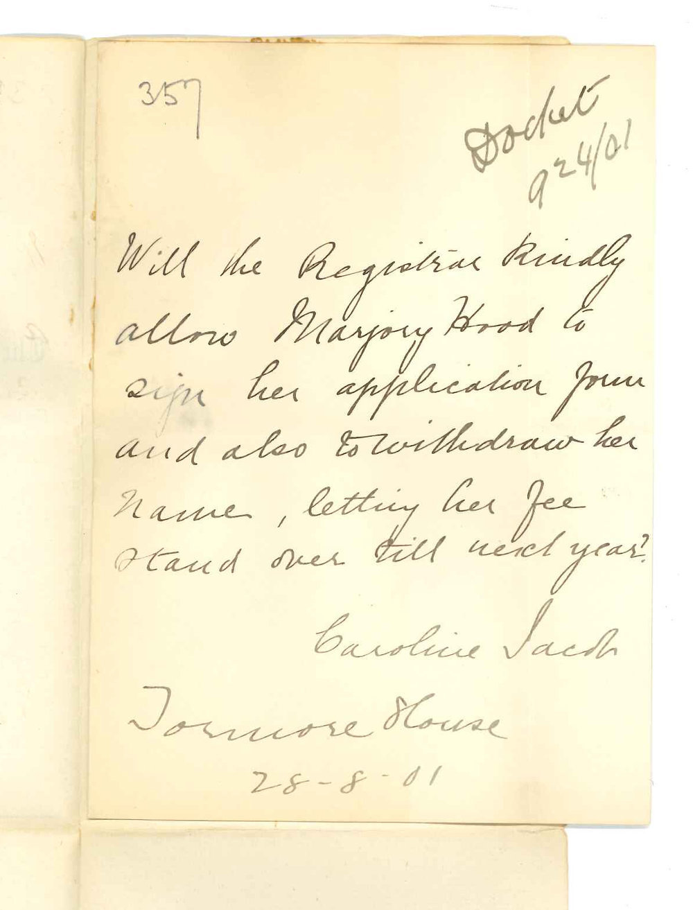 Miss Caroline Jacob - North Adelaide - Withdrawing Miss Marjory Hood from Preliminary Examinations
