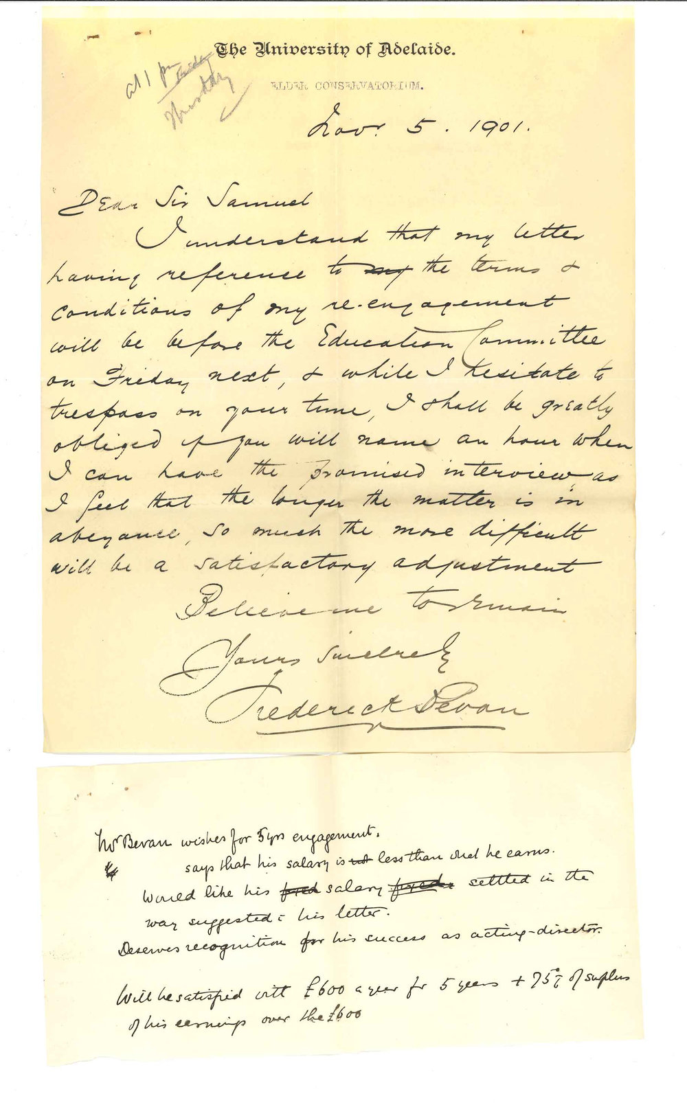 Frederick Bevan - The University - Conservatorium - Asking Council to review his position