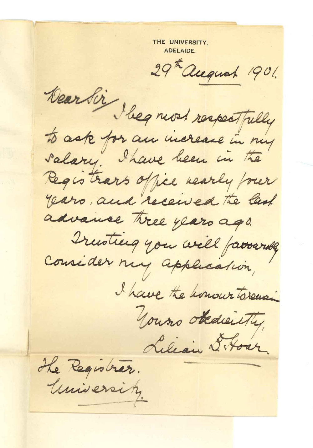 Miss Lilian B Hoar - The University - Asking for increase of salary