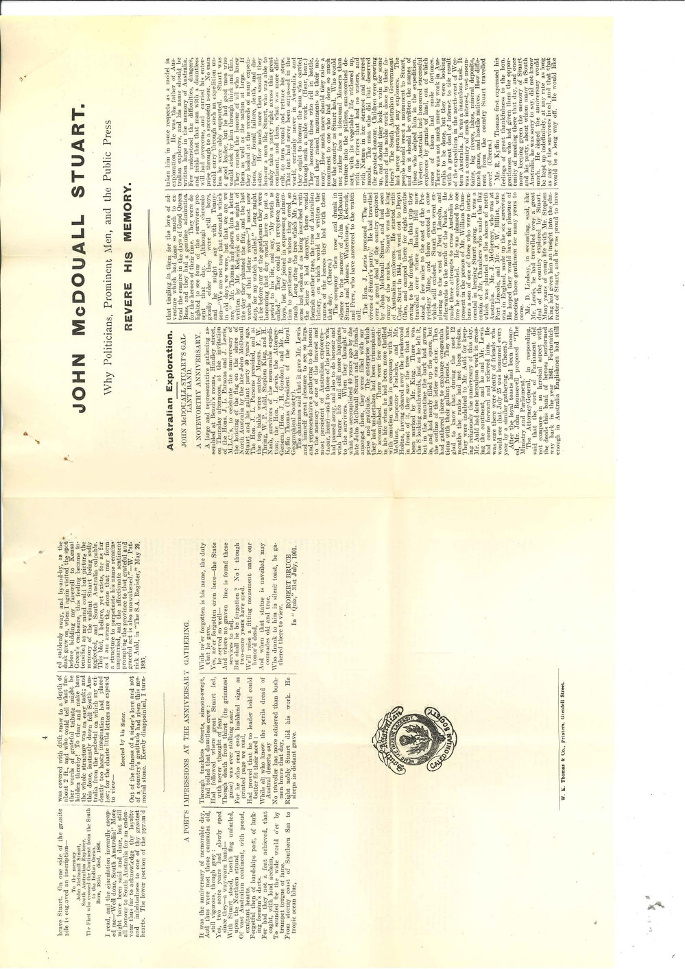 J G Anderson - Secretary - SA Caledonian - Adelaide - Proposed statue to John McDouall Stuart, The Explore