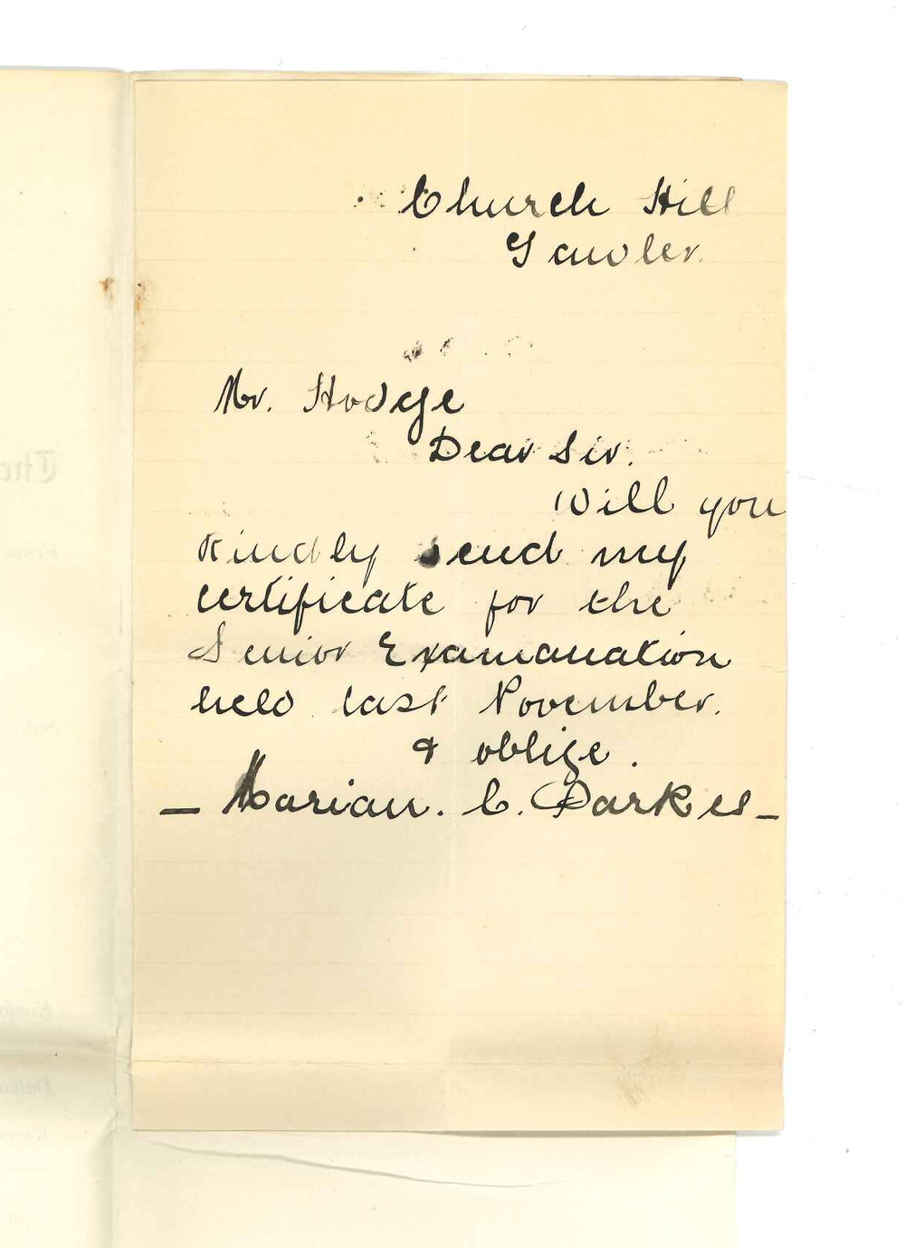 Miss Marian C Parkes - Gawler - Requesting Senior Practice of Music Certificate