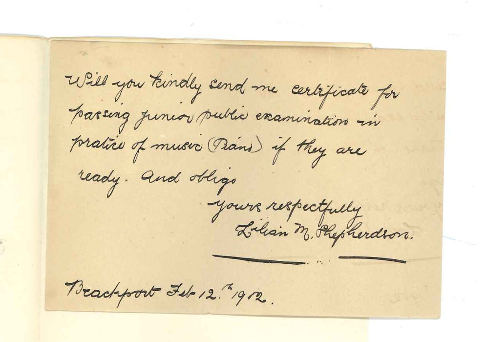 Miss Lilian M Sheperdson - Beachport - Requesting Junior Practice of Music Certificate