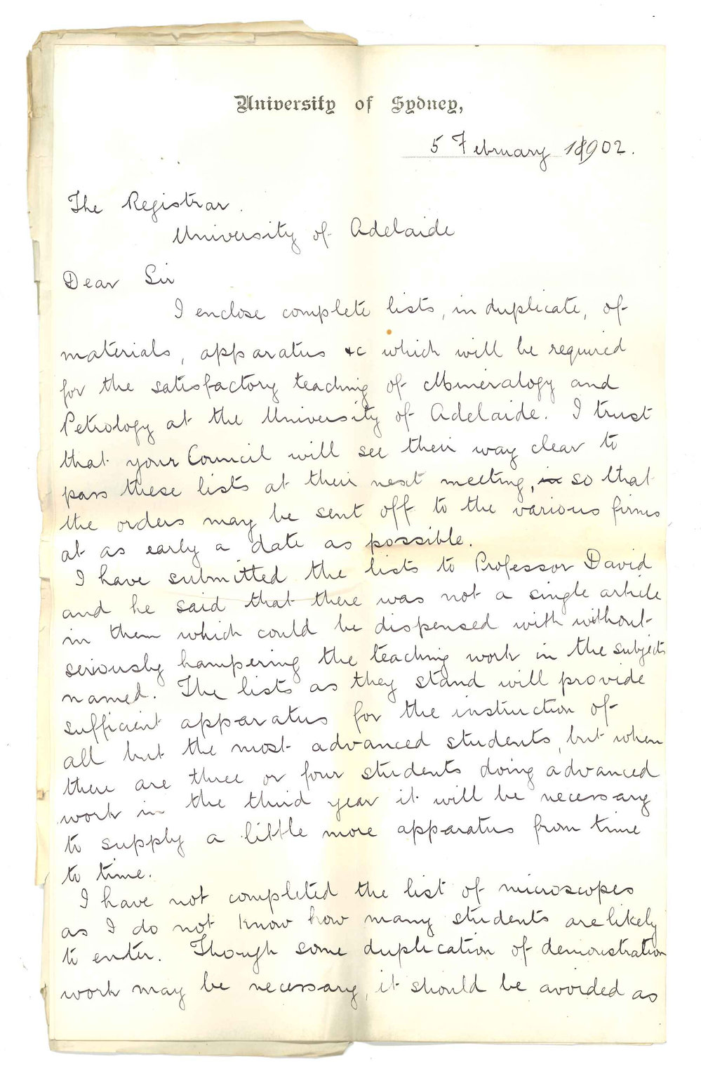 Walter George Woolnough - Sydney - List of Material and Apparatus required for teaching of Mineralogy and Petrology
