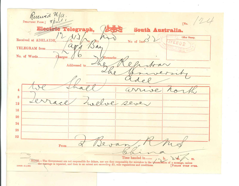 Frederick Bevan - RMS China - Advising time of arrival at Adelaide