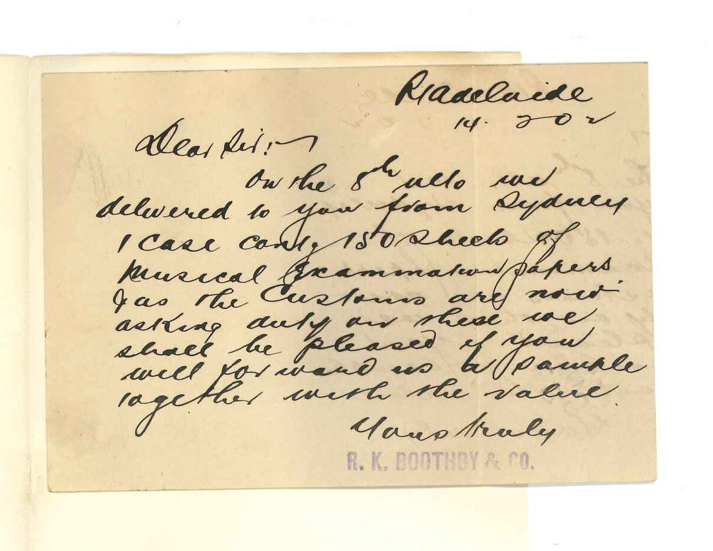 R K Boothby and Company - Port Adelaide - Concerning case of Musical Certificates delivered last month