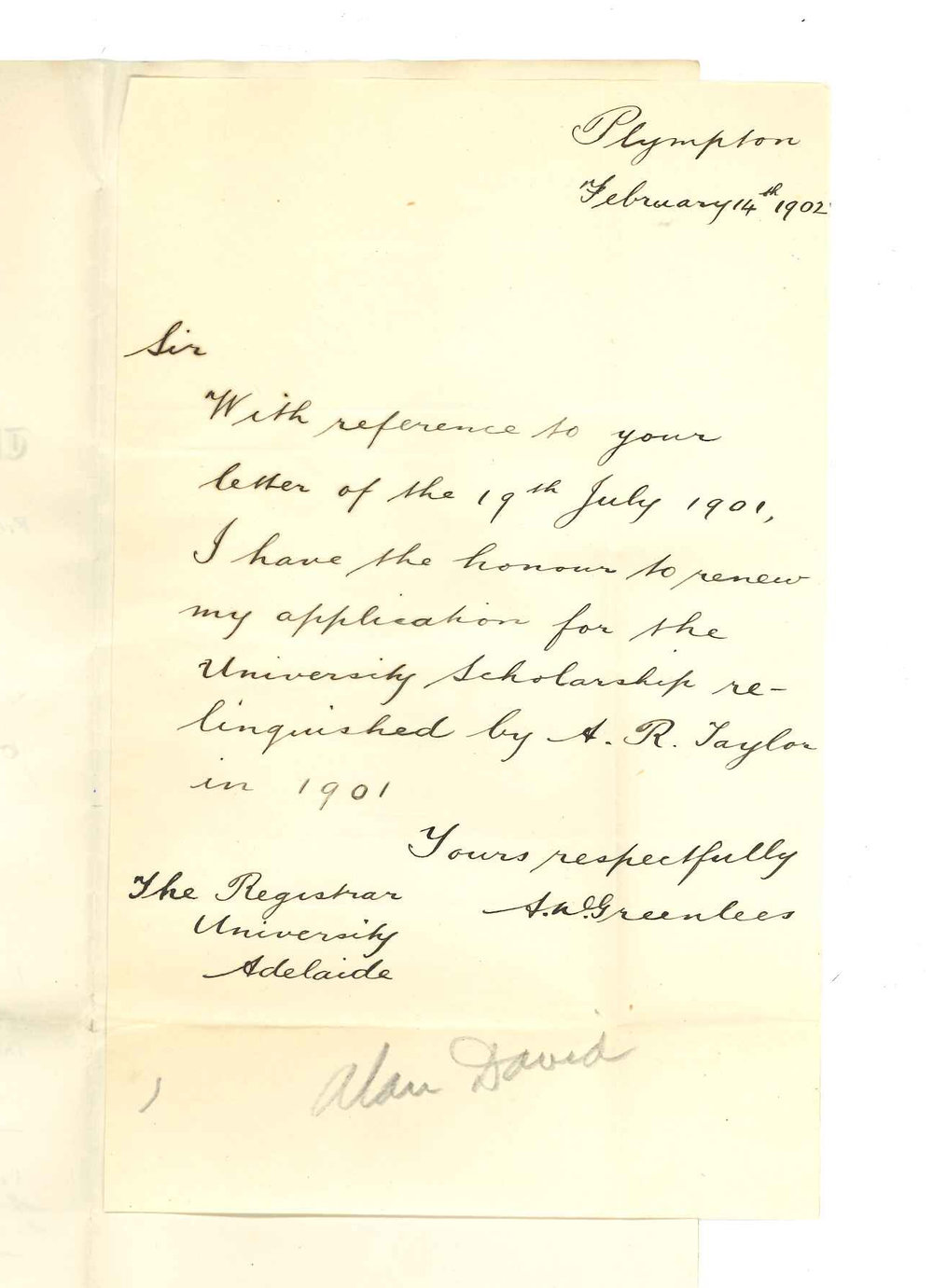 Alan David Greenlees - Plympton - Renewing application for Scholarship relinquished by A R Taylor