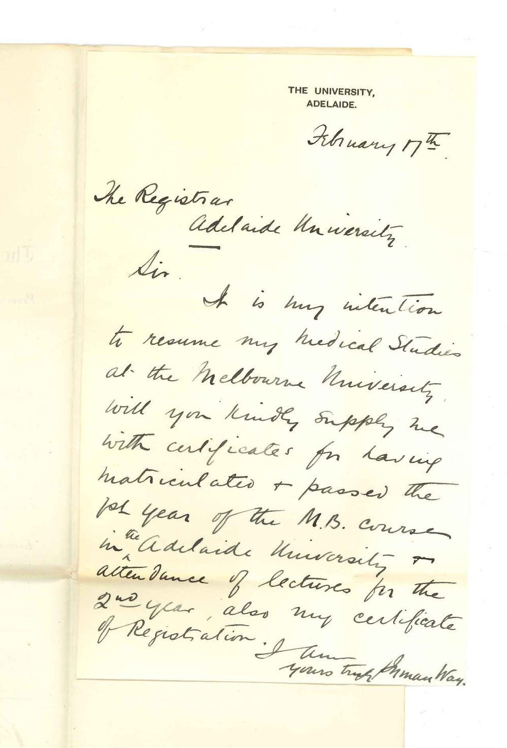 Inman Way - Adelaide - MB Course Attendance of Lectures and Certificate of registration