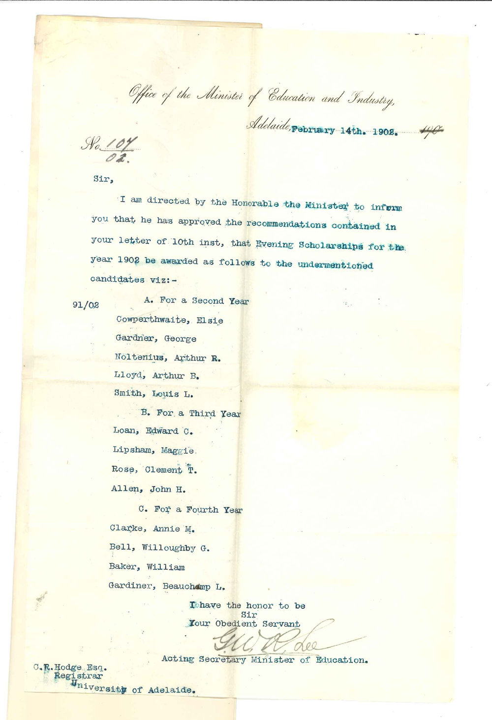 G W R Lee - Minister of Education - Adelaide - Approving recommendations of Evening Scholarships for 1902