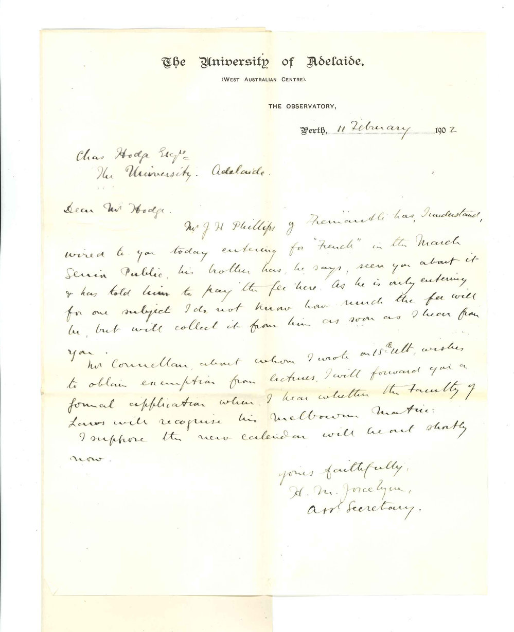 Henry Maurice Joscelyne - Perth - Fee for J H Phillips Senior Public Entry and Mr Connellans Matriculation Certificate