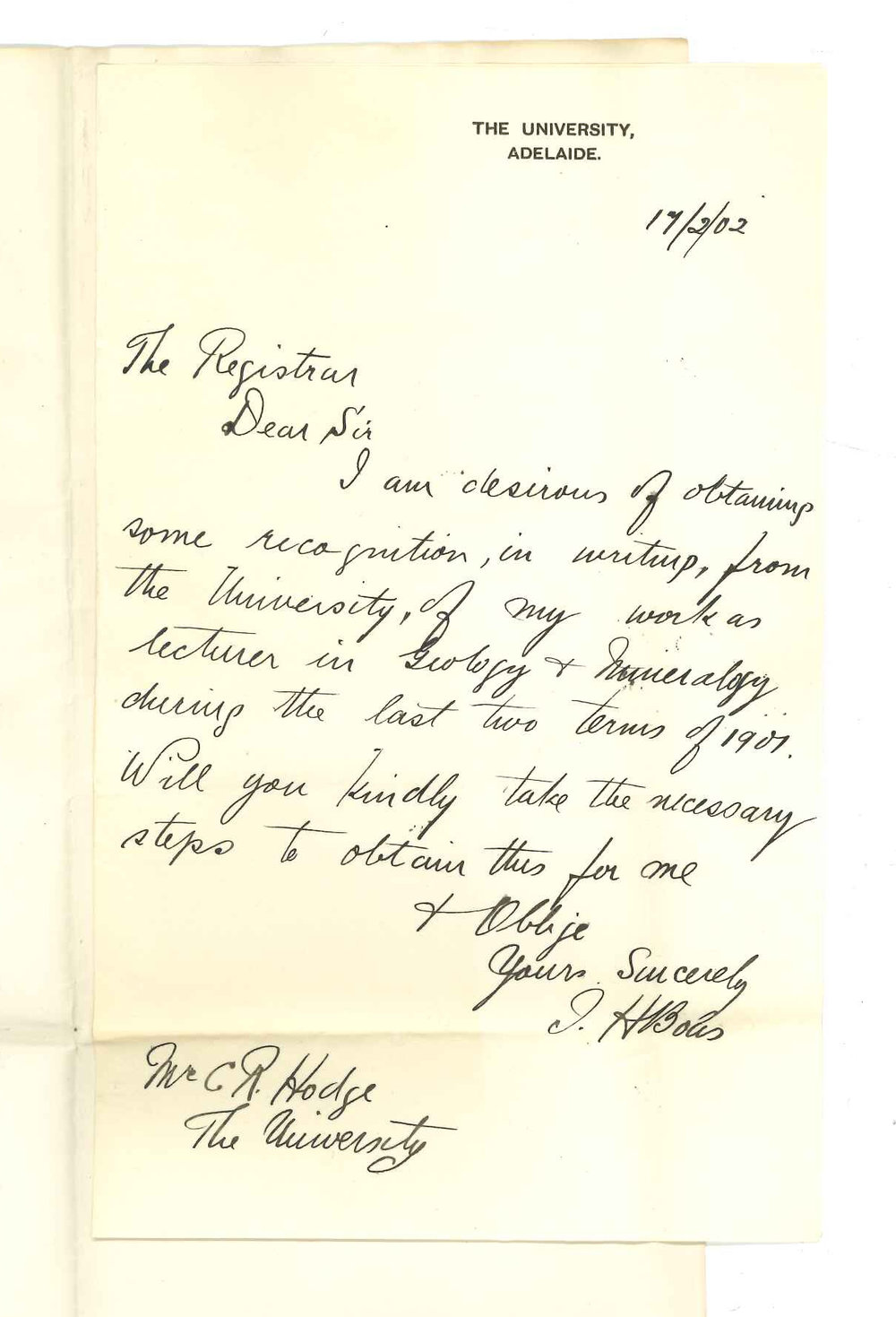 Isaac Herbert Boas - The University - Asking for Testimonial as Lecturer in Geology and Mineralogy during last 2 terms of 1901