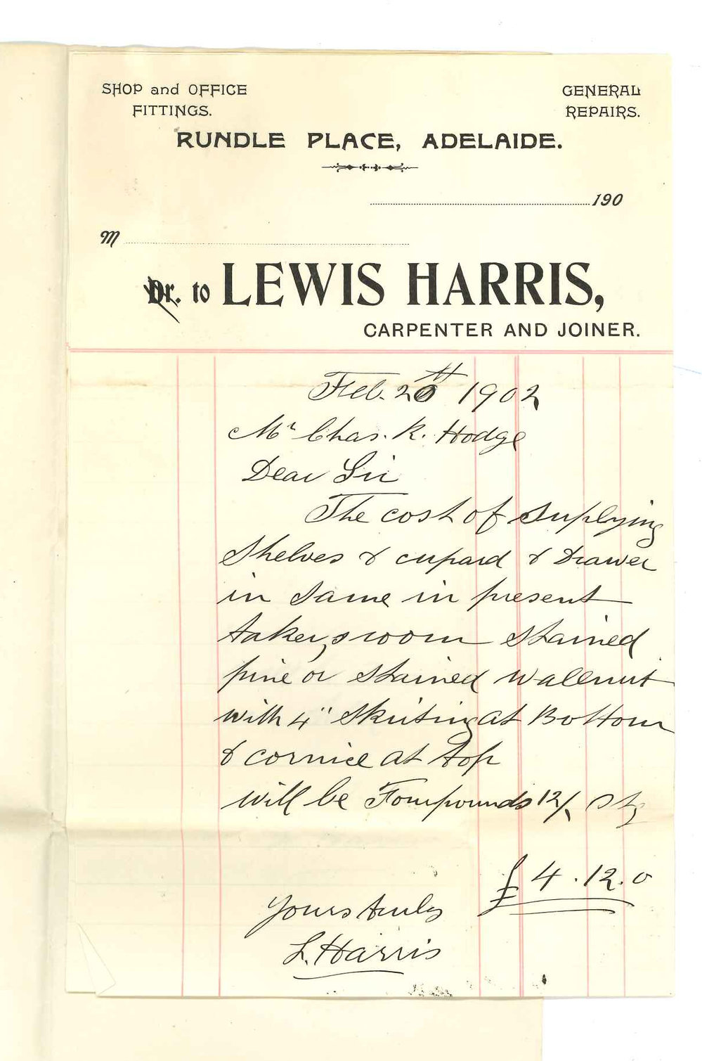 Lewis Harris - Adelaide - Cost of Kalsomine in Professor Braggs room and painting Border in Registrars room