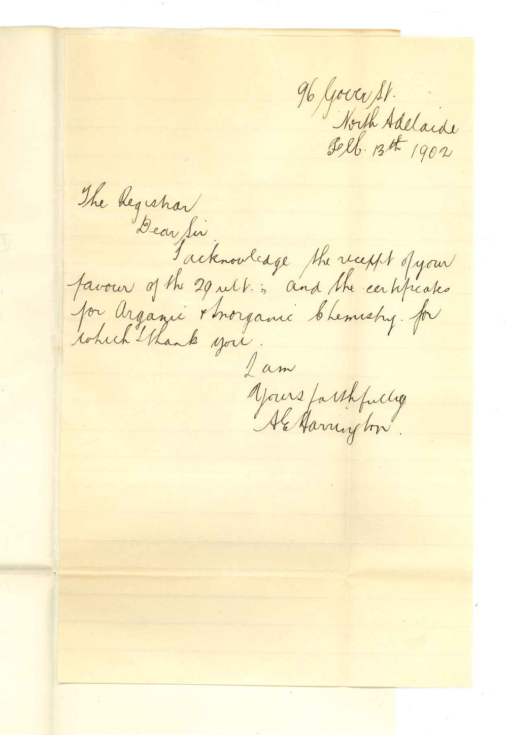 A E Harrington - North Adelaide - Acknowledging receipt of Chemistry Certificates