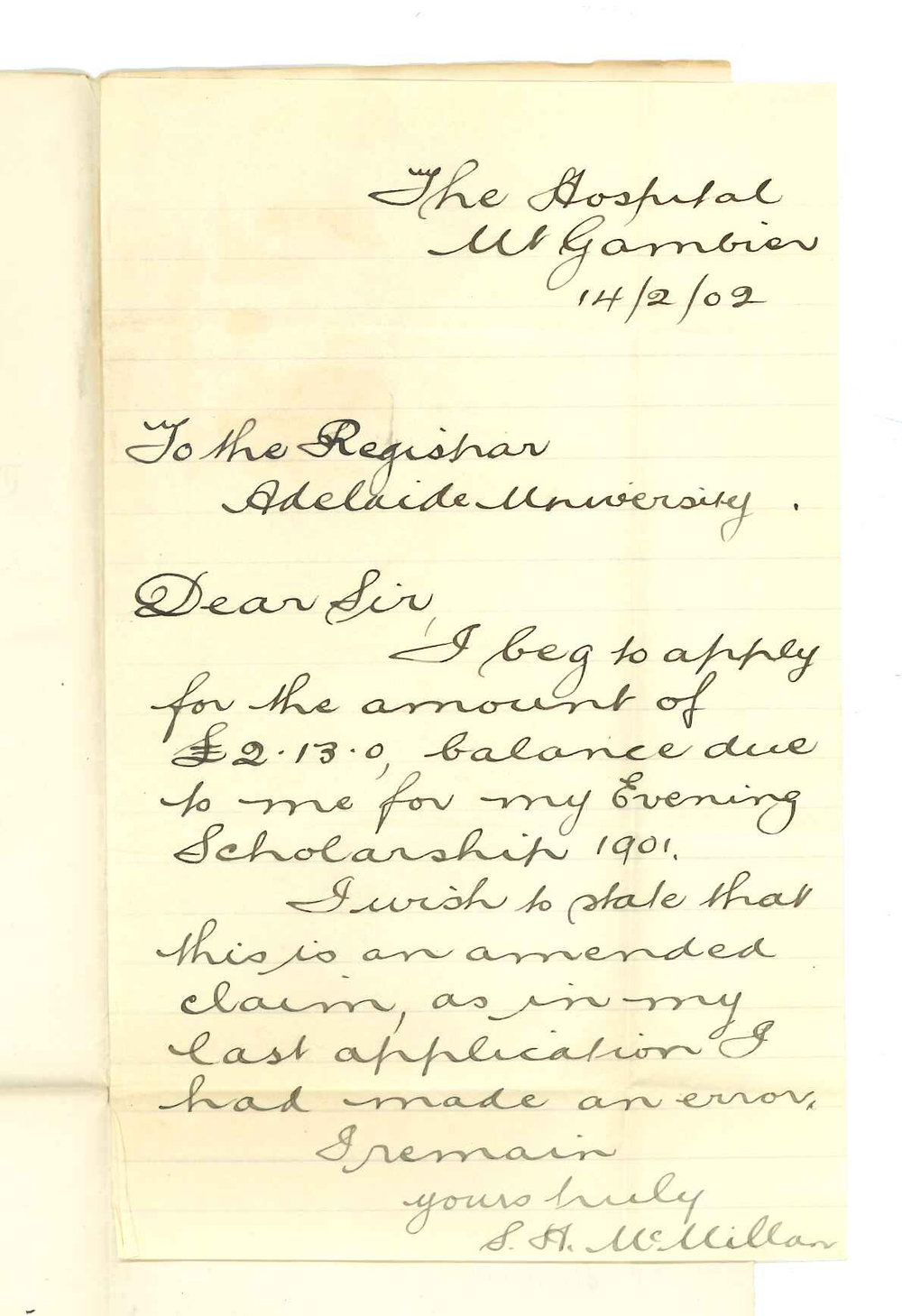 Samuel Herbert McMillan - Mount Gambier - Request Surplus of Evening Scholarship