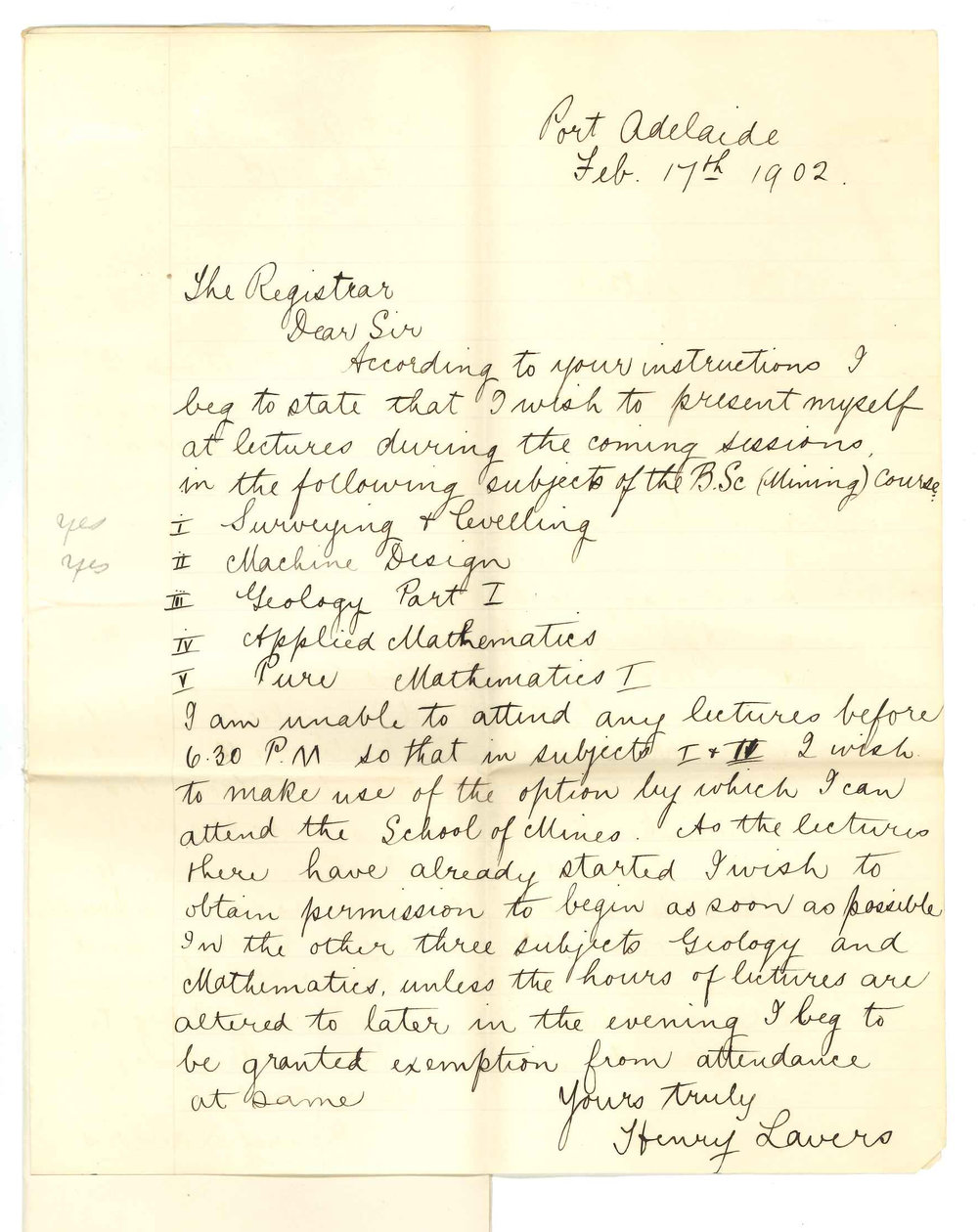 Henry Lavers - Port Adelaide - Subjects taking in 1902 Exemption from attendance at Lectures