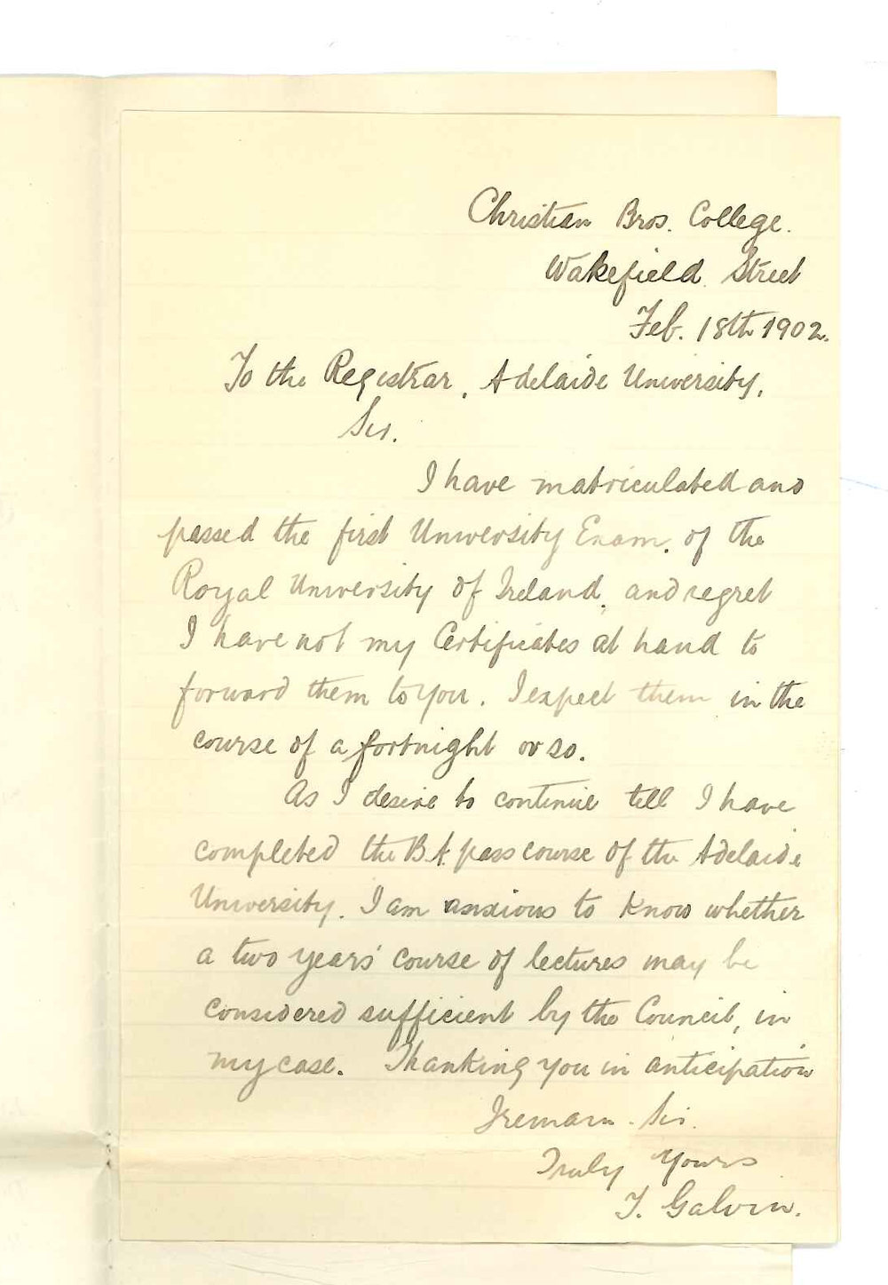 T Galvin - Christian Brothers College - Adelaide - Concerning BA Course