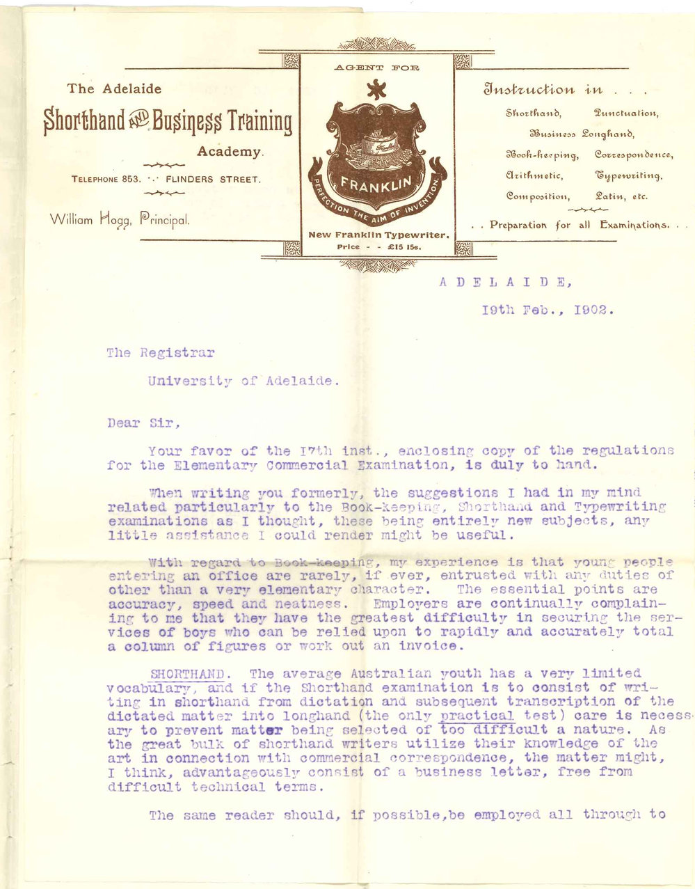 William Hogg - Adelaide - Suggestions re Commercial Examinations