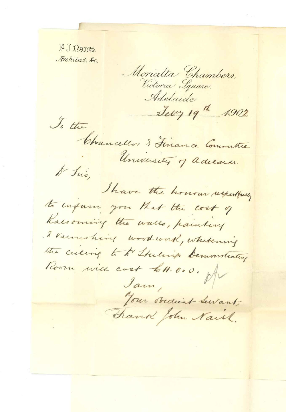 Frank John Naish - Adelaide - Cost of Painting and Kalsoming in Dr Stirlings room