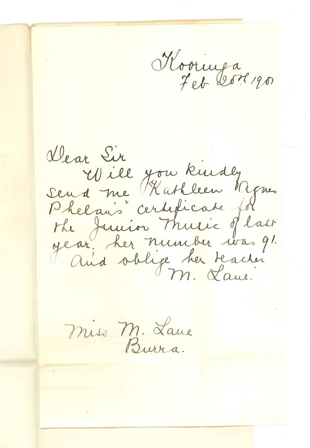 Miss Muriel Lane - Burra - Requesting Junior music Certificate