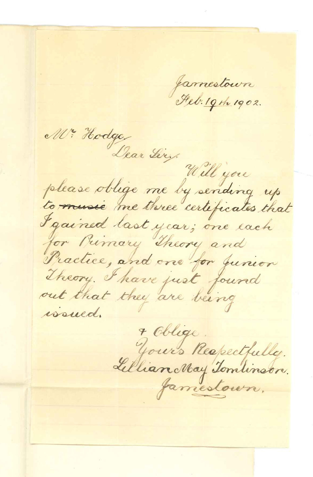 Miss Lillian May Tomlinson - Jamestown - Requesting Primary and Junior Music Certificates