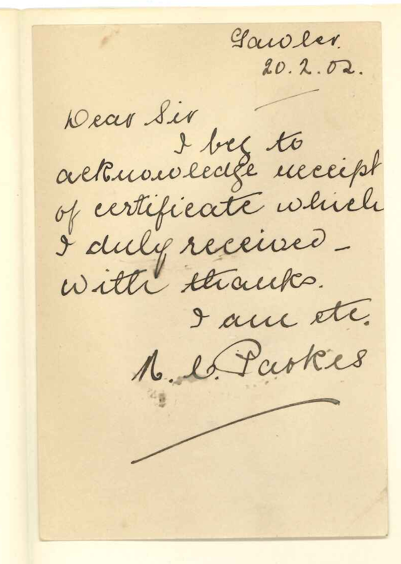 Miss Marian Cecilia Parkes - Gawler - Acknowledging receipt of Certificate