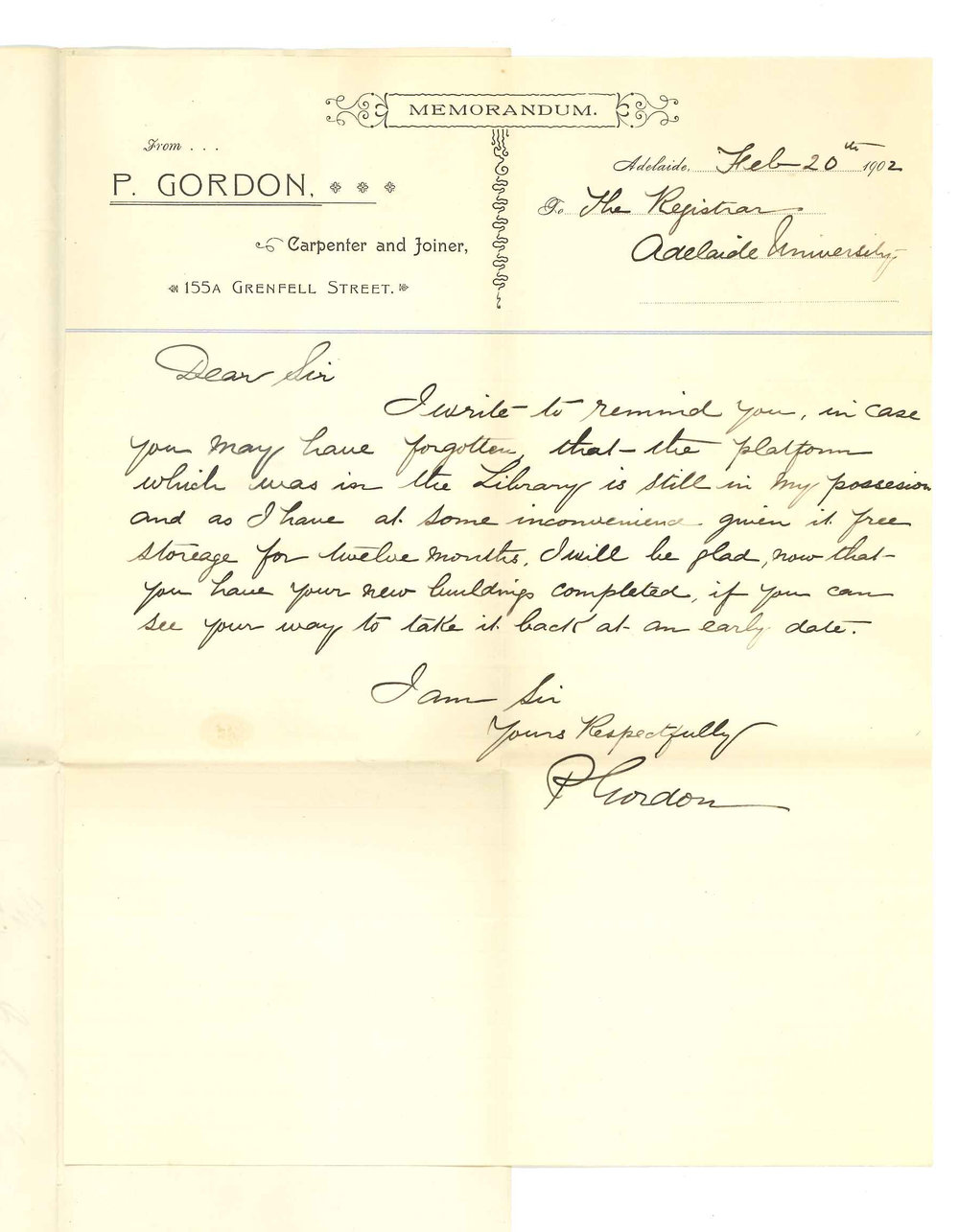 P Gordon - Adelaide - Has Platform out of Library in his possession and asks that it may be returned to University
