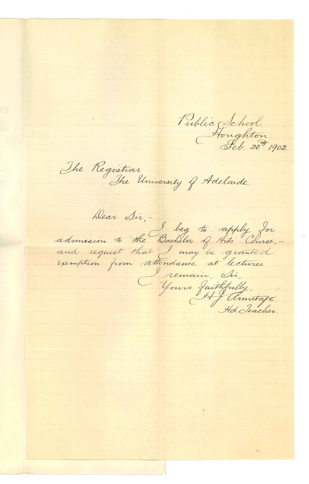 Henry James Armitage - Houghton - Exemption from attendance at Lectures