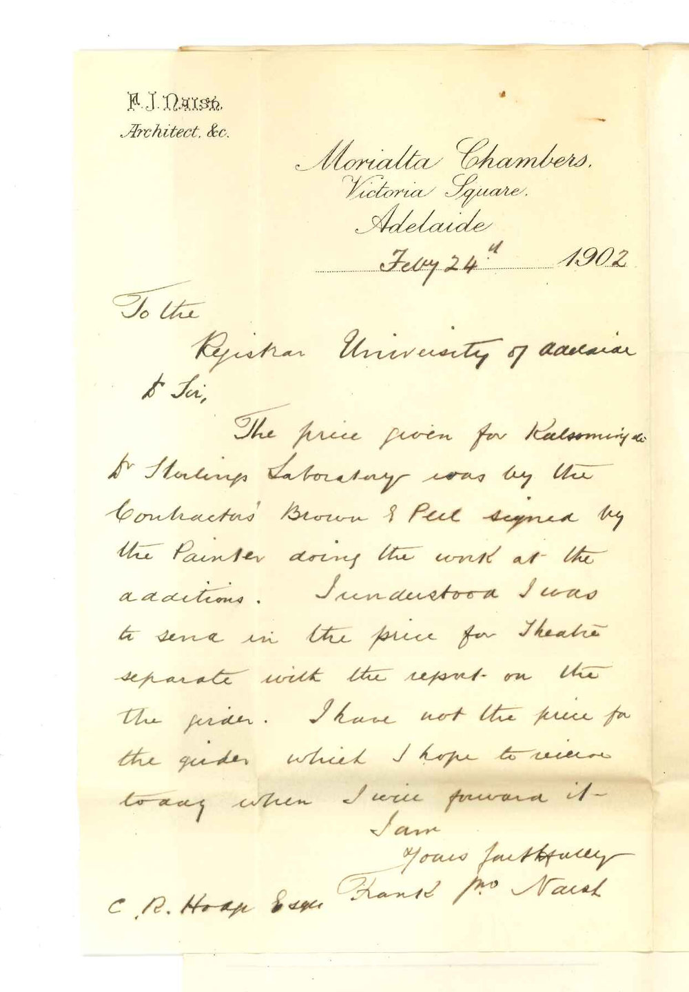 Frank John Naish - Adelaide - Contractor and price for Dr Stirlings room and price and report for girder