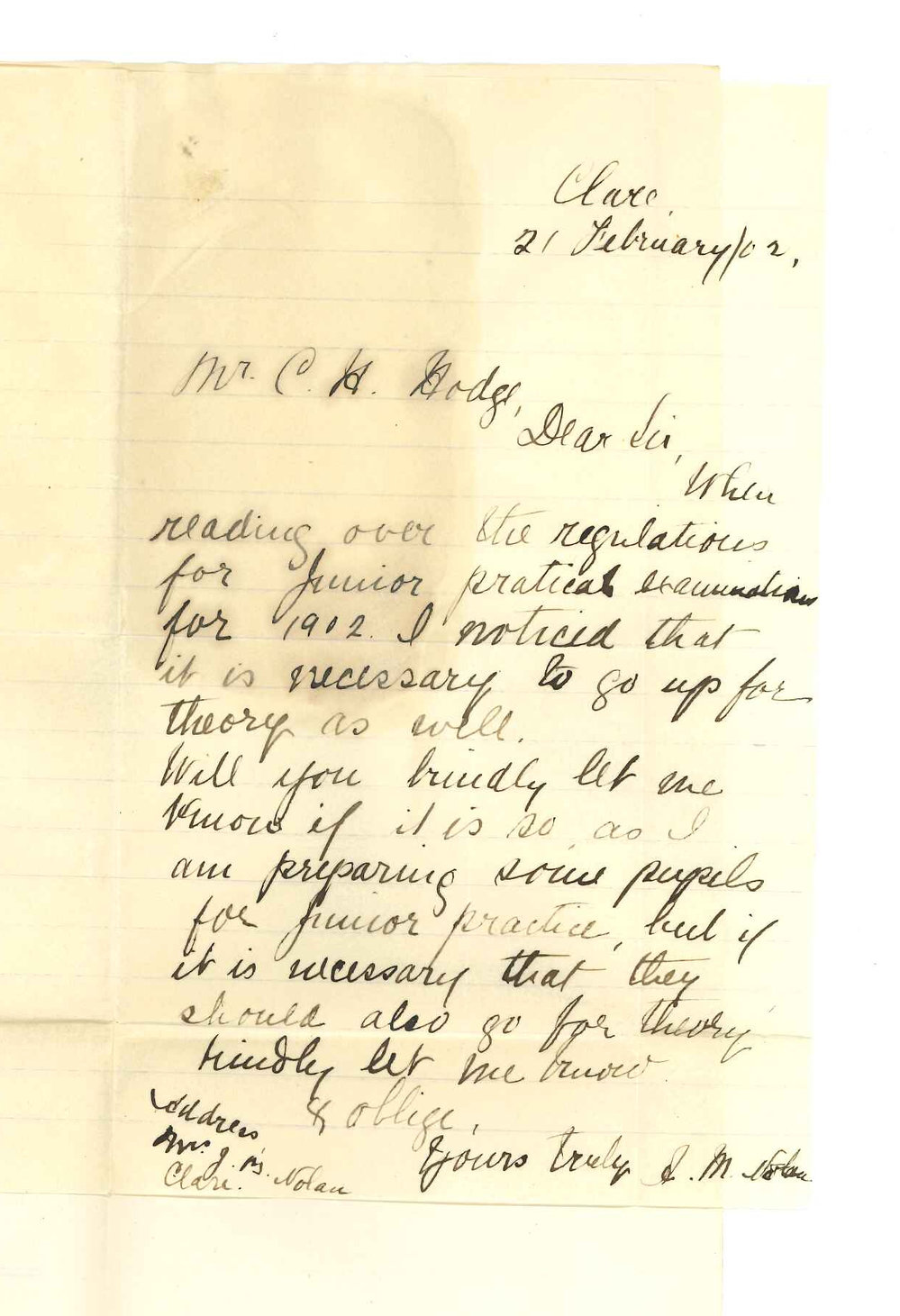 Mrs J B Nolan - Clare - Requesting information concerning Music Examinations