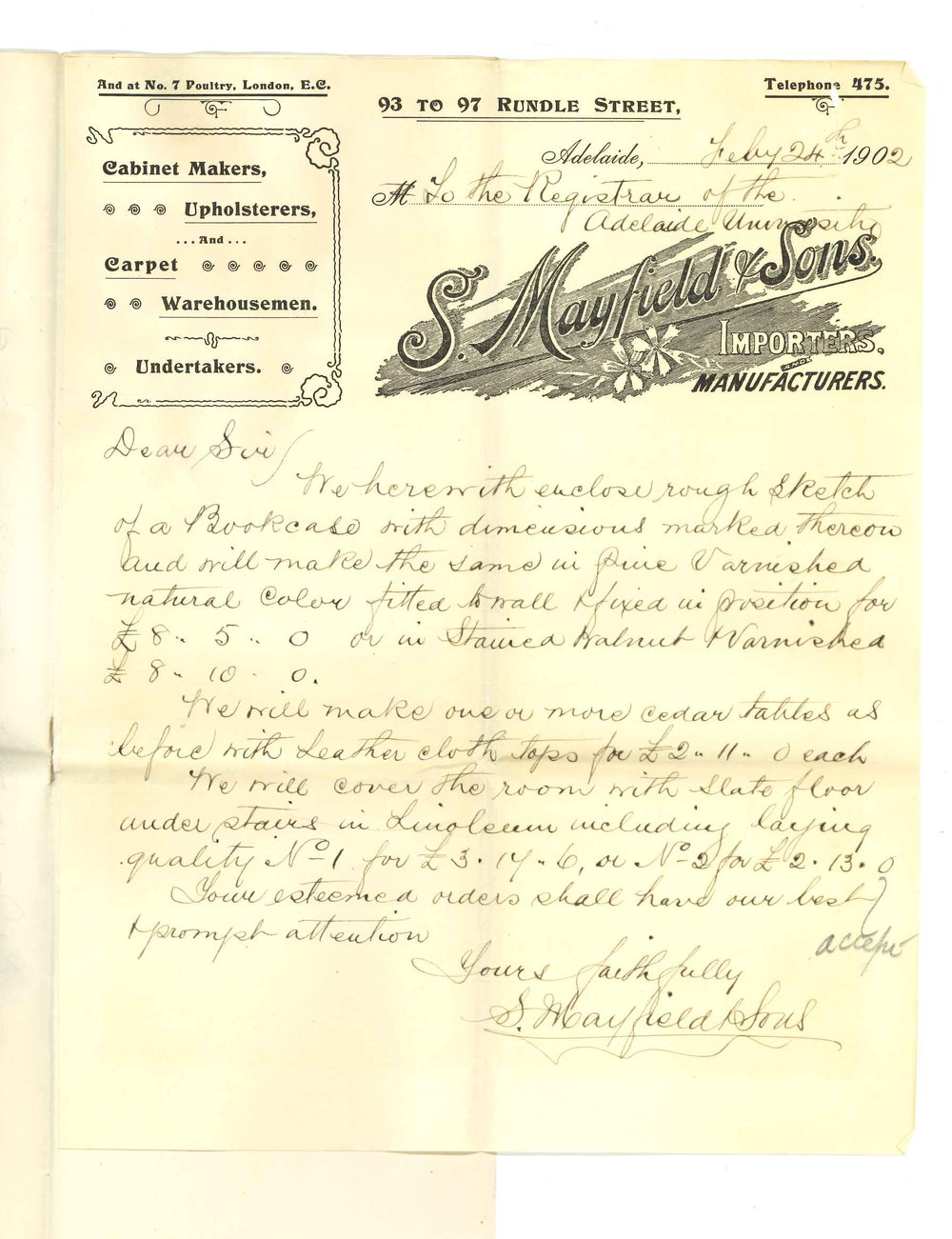 S Mayfield and Sons - Adelaide - Prices for making bookcase cedar tables and covering slate floor with Linoleum