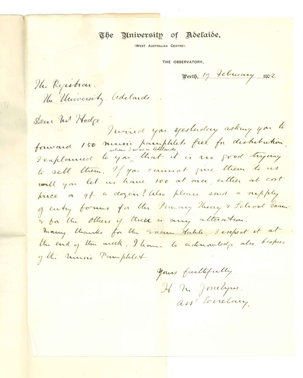 Henry Maurice Joscelyne - Perth - Concerning Music Pamphlets Requesting entry forms Thanks for Exam Tables