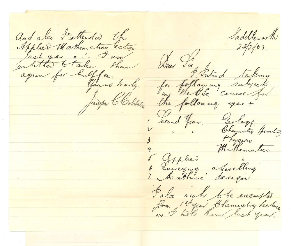 Jasper C Colebatch - Saddleworth - Subjects intend taking for 1902 Exemption from attendance at Lectures