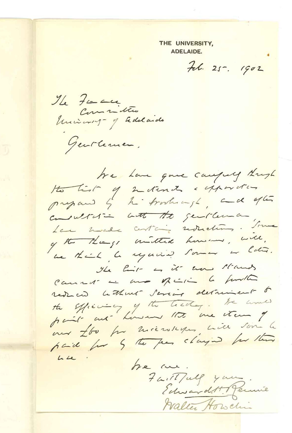 Edward Henry Rennie and Walter Howchin - University - Report on list of Material and Apparatus prepared by Mr Woolnough