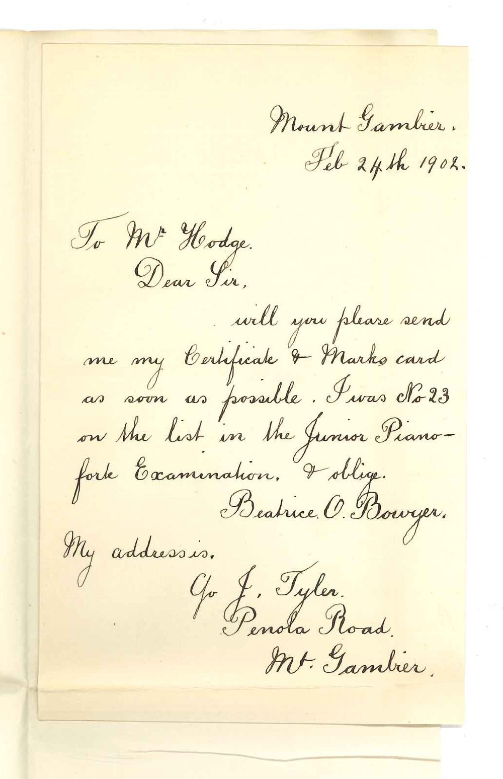 Miss Beatrice O Bowyer - mount Gambier - Requesting Certificate and Card of Marks