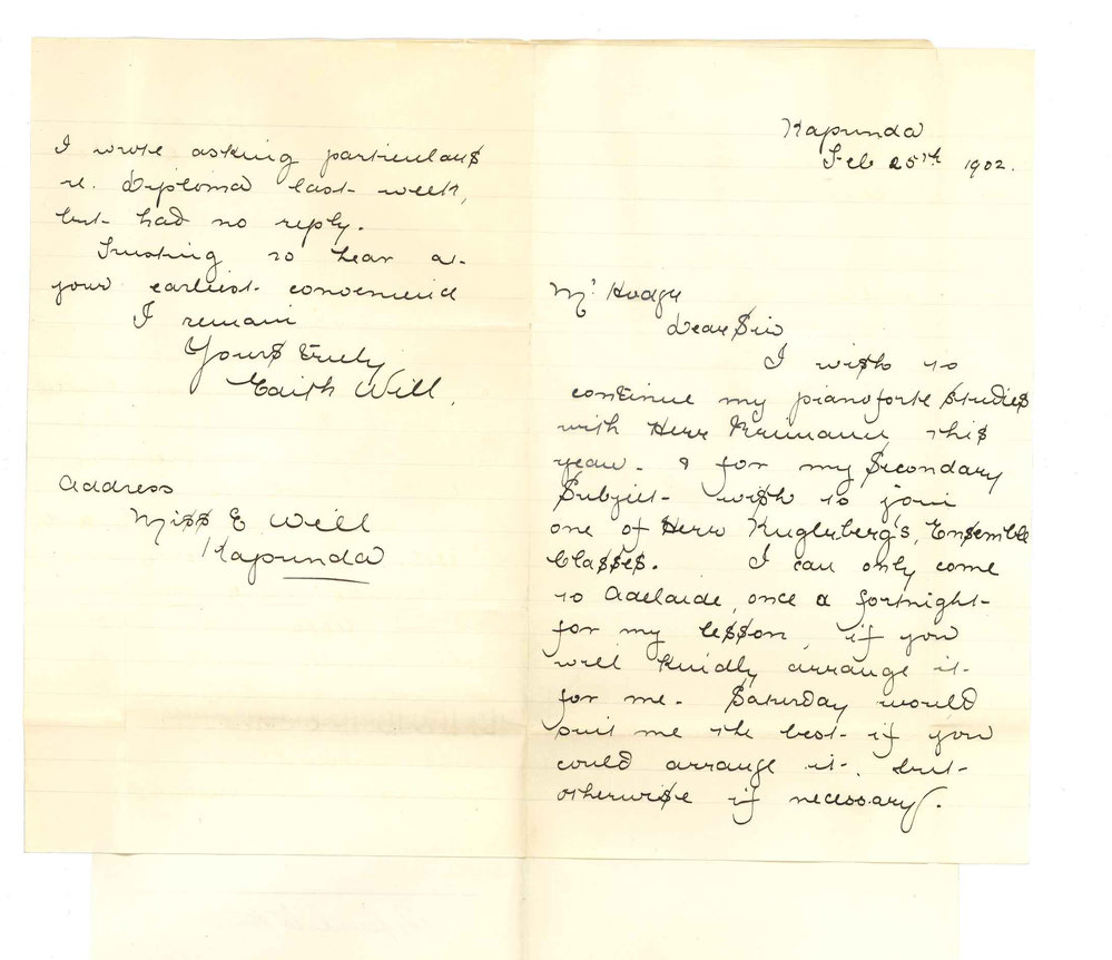 Miss Edith Will - Kapunda - Wishes to study under Herr Reimann and can only come to Adelaide once a fortnight for lesson