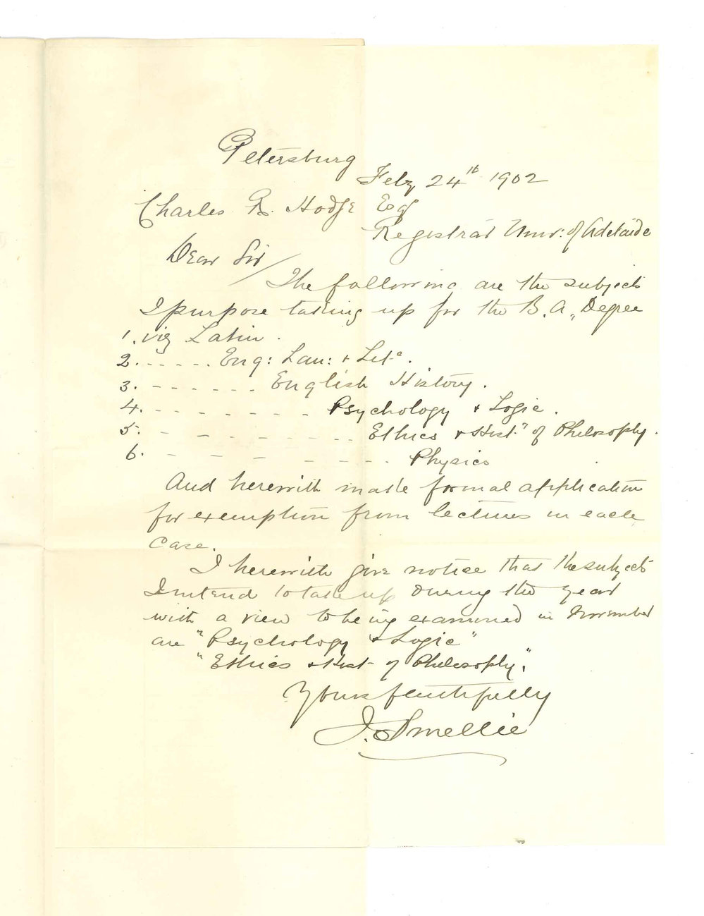 J Smellie - Petersburg - Subjects intend taking for 1902 and Exemption from attendance at Lectures