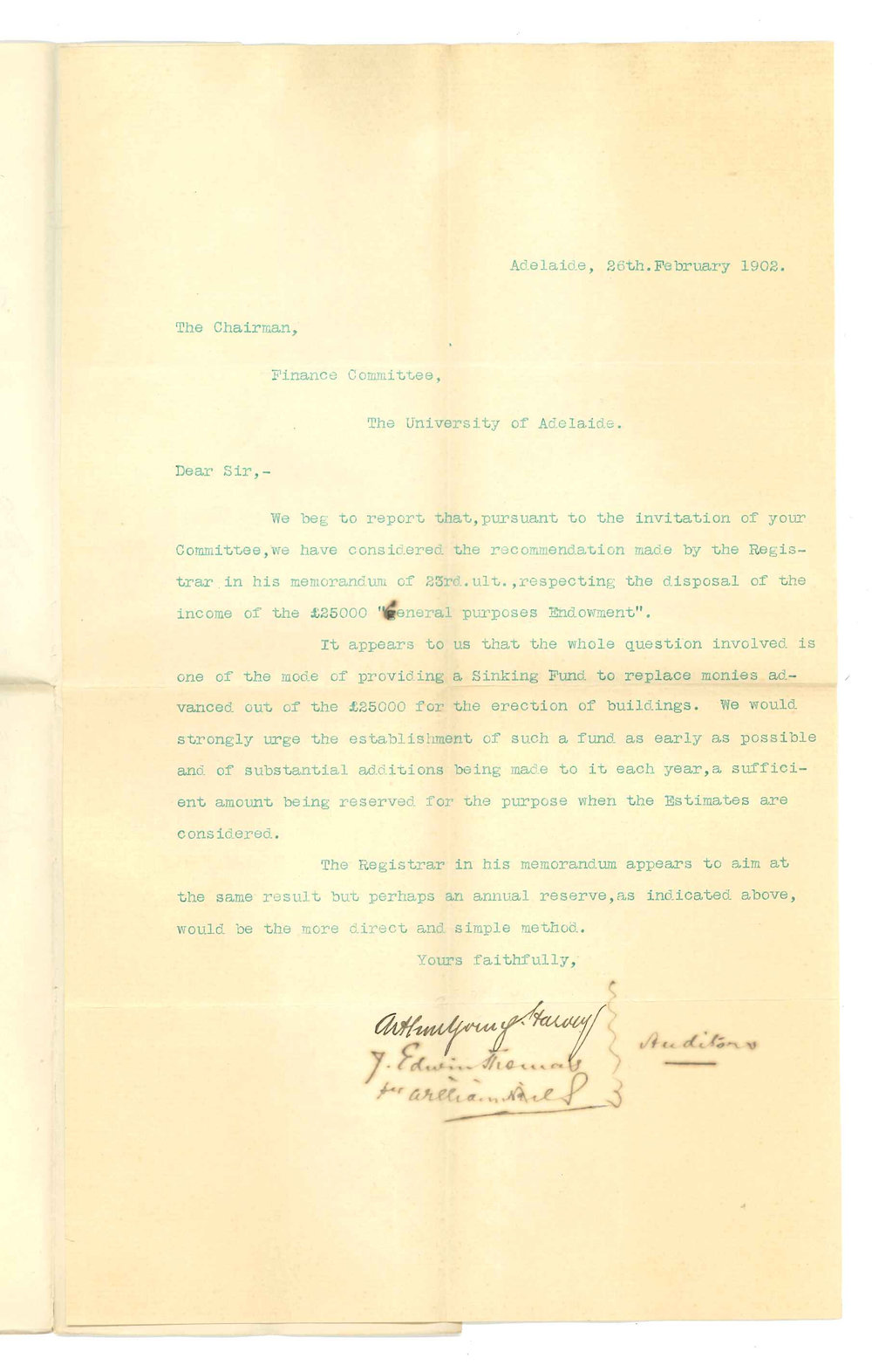 Arthur Young Harvey and J Edwin Thomas - Adelaide - Report respecting disposal of income of &pound;25000 general purposes Endowment