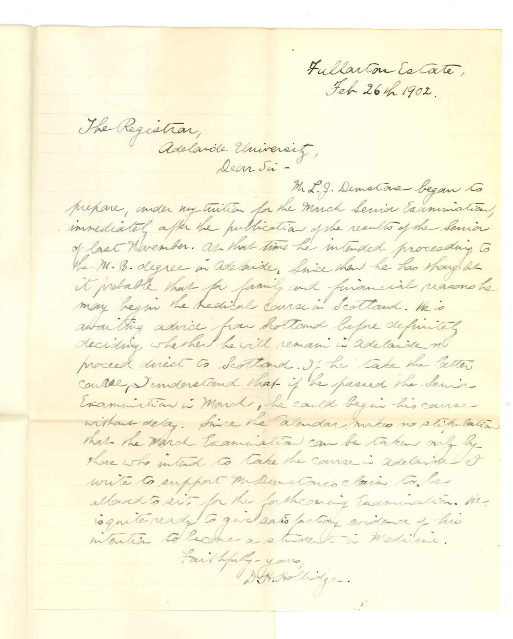 David Henry Hollidge - Fullarton Estate - Supporting Mr L J Dunstones claim to sit for March Senior Examination